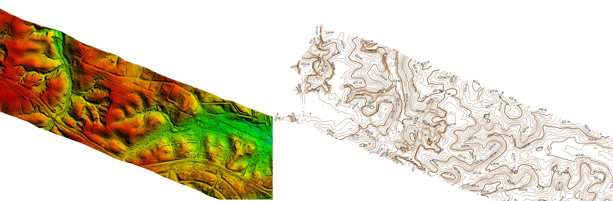 Modelo digital de terreno sombreado de una franja levantada con LiDAR y, al lado, las curvas de nivel acotadas en metros derivadas de ese mismo MDT, listas para CAD y GIS
