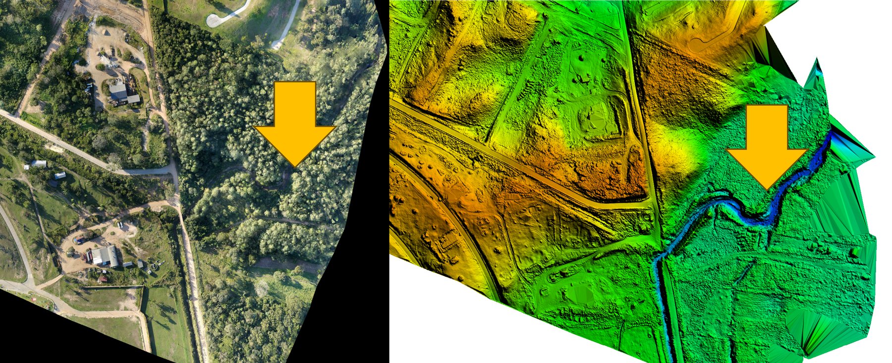 Comparación de la misma zona: a la izquierda el ortomosaico donde la vegetación oculta el terreno; a la derecha el modelo digital de terreno LiDAR, donde se revela el cauce de una quebrada bajo el monte